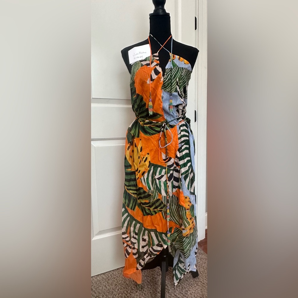 FARM Rio Orange Green Blue Tropical Leaf Halter Swim Coverup